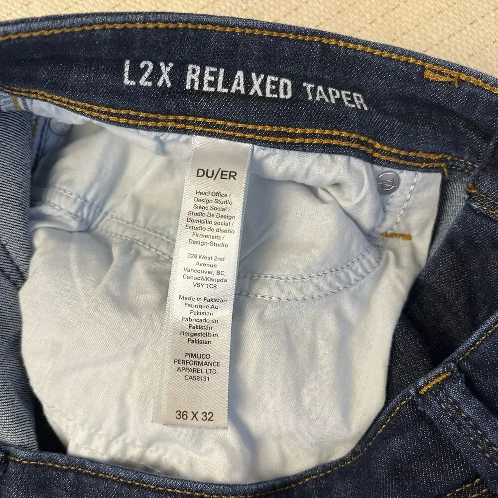 DU/ER L2X Relaxed Taper Jeans Men's 36x32 Dark Blue Performance Stretch Denim